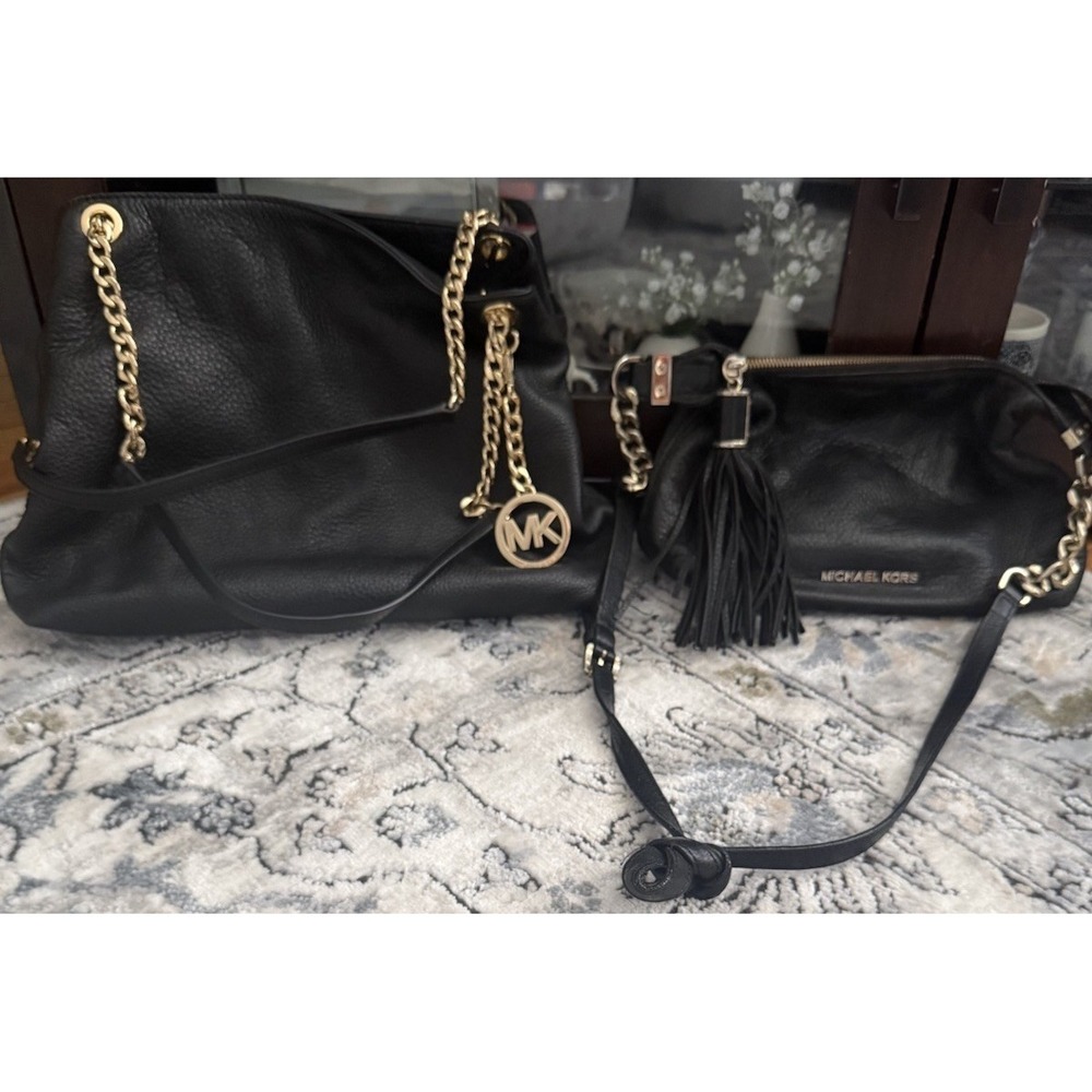 Michael Kors Black Pebbled Leather Shoulder Bag Purse w/Removable Crossbody Gold